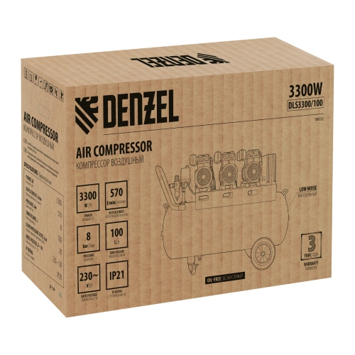Компрессор безмасляный, малошумный DLS 3300/100, 3300 Вт,3x1100, 100 л, 570 л/мин ,блок управления Denzel по ценам производителя в Челябинске с доставкой по всей России