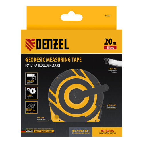 Рулетка геодезическая 20 м х 15 мм, закрытый корпус, фиберглассовая лента Denzel по ценам производителя в Челябинске с доставкой по всей России