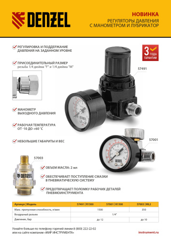 Регулятор давления с манометром R1500, 12 бар, 1/4" Denzel по ценам производителя в Челябинске с доставкой по всей России