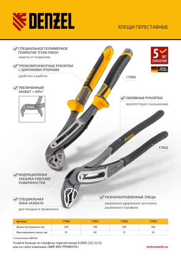 Клещи переставные, трехкомпонентные рукоятки 240 мм Denzel по ценам производителя в Челябинске с доставкой по всей России