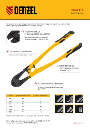 Болторез 300 мм 12", Cr-Mo Denzel по ценам производителя в Челябинске с доставкой по всей России