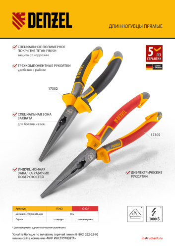 Длинногубцы прямые, диэлектрические рукоятки до 1000 В, трехкомпонентные рукоятки, 205мм Denzel по ценам производителя в Челябинске с доставкой по всей России