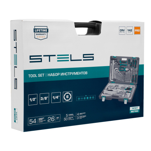 Набор инструментов, 1/2",3/8", 1/4", CrV, пластиковый кейс 142 предмета Stels по ценам производителя в Челябинске с доставкой по всей России