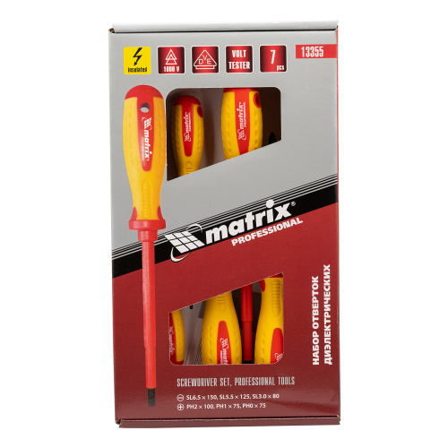 Набор диэлектрических отверток 7 шт, до 1000 В, пробник электрический до 250 В, двухкомпонентные рукоятки Matrix Professional по ценам производителя в Челябинске с доставкой по всей России