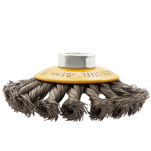 Щетка для УШМ, 100 мм, "Тарелка", крученая нержавеющая проволока 0.5 мм, М14 Denzel по ценам производителя в Челябинске с доставкой по всей России