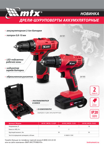 Дрель-шуруповерт аккумуляторная MCDL-18-02, Li-Ion, 18 В, 2 акк. MTX по ценам производителя в Челябинске с доставкой по всей России
