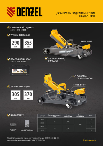 Домкрат гидравлический подкатной с фиксатором, 2,8 т, 135-385 мм Denzel по ценам производителя в Челябинске с доставкой по всей России
