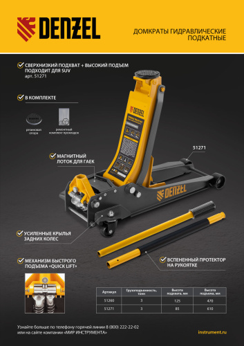 Домкрат гидравлический подкатной, 3 т, 125-470 мм, быстрый подъем, проф. Denzel по ценам производителя в Челябинске с доставкой по всей России