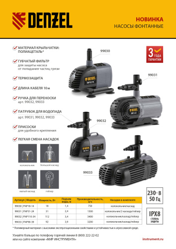 Насос фонтанный FNP31-24, 31 Вт, подъем 2,4 м, 1500 л/ч, колокольчик/2 каскада/гейзер Denzel по ценам производителя в Челябинске с доставкой по всей России