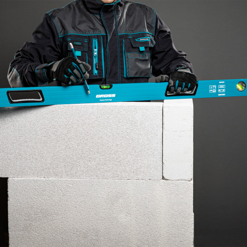 Уровень алюминиевый, 1500 мм, усиленный с ударопрочными заглушками, рукоятки, 3 глазка Gross по ценам производителя в Челябинске с доставкой по всей России