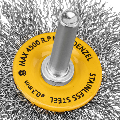 Щетка для дрели, 60 мм, Плоская, со шпилькой, нержавеющая витая проволока Denzel по ценам производителя в Челябинске с доставкой по всей России