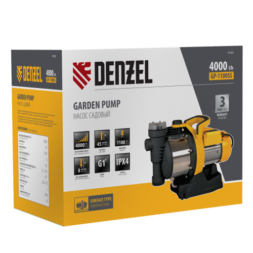 Садовый поверхностный насос GP1100SS, 1100 Вт, 4000 л/ч, подъем 45 м, пластик Denzel по ценам производителя в Челябинске с доставкой по всей России