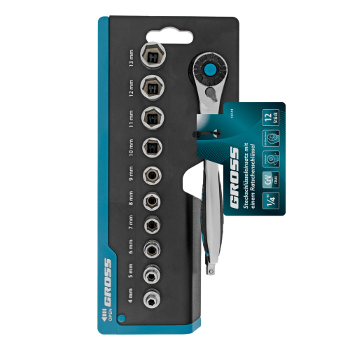 Набор торцевых головок, трещотка 120 зубьев, 1/4", CrV, 12 предметов Gross по ценам производителя в Челябинске с доставкой по всей России
