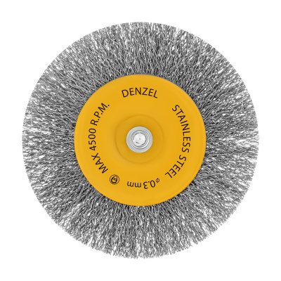 Щетка для дрели 100 мм, Плоская, со шпилькой, нержавеющая витая проволока Denzel по ценам производителя в Челябинске с доставкой по всей России