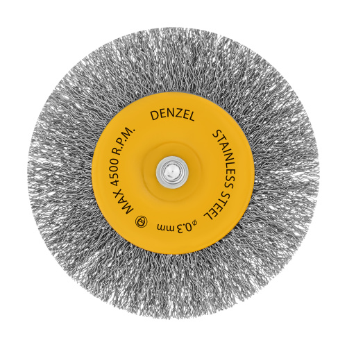 Щетка для дрели 100 мм, Плоская, со шпилькой, нержавеющая витая проволока Denzel по ценам производителя в Челябинске с доставкой по всей России