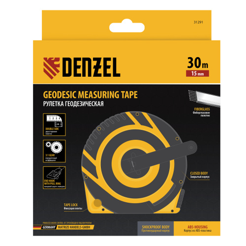 Рулетка геодезическая 30 м х 15 мм, закрытый корпус, фиберглассовая лента Denzel по ценам производителя в Челябинске с доставкой по всей России