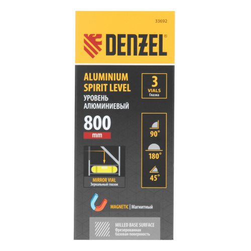 Уровень алюминиевый, магнит, фрезерованный, 3 глазка (1 зеркал.) 0,5 мм/м, 800 мм Denzel по ценам производителя в Челябинске с доставкой по всей России