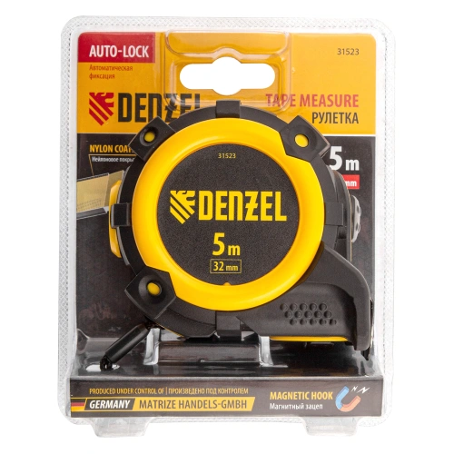 Рулетка 5м х 32мм, автоматич. фиксац., нейлон. покрытие, магнит. зацеп, двухстор. разметка Denzel по ценам производителя в Челябинске с доставкой по всей России