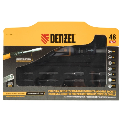 Отвертка с набором бит и торцевых головок для точных работ, гибкий привод, 48 шт, CrMo Denzel по ценам производителя в Челябинске с доставкой по всей России