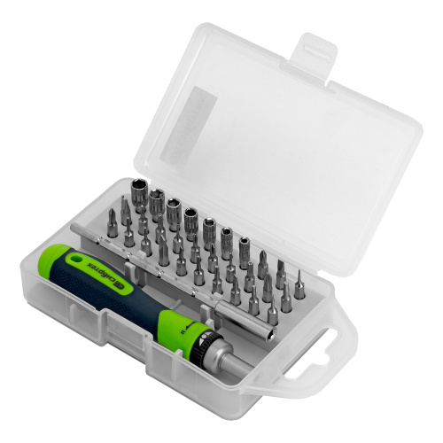 Отвертка реверсивная для точных работ с набором бит и торцевых головок, 32 предмета, CrV Сибртех по ценам производителя в Челябинске с доставкой по всей России