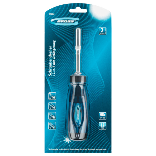 Отвертка реверсивная с удлинителем, трещотка 72 зуба, 12 шт, сталь S2 Gross по ценам производителя в Челябинске с доставкой по всей России