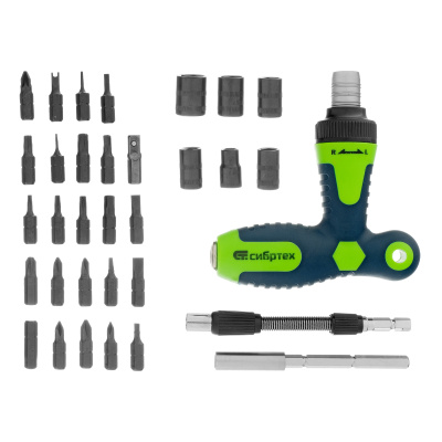 Отвертка Т-образная реверсивная с набором бит, торцевых головок, 33 предмета, CrV Сибртех по ценам производителя в Челябинске с доставкой по всей России