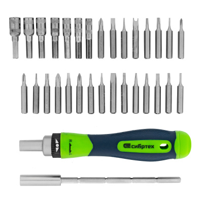 Отвертка реверсивная для точных работ с набором бит и торцевых головок, 32 предмета, CrV Сибртех по ценам производителя в Челябинске с доставкой по всей России
