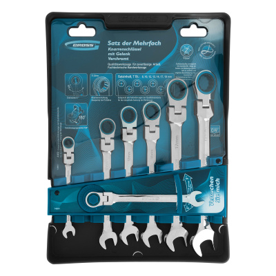 Набор ключей комбинированных с трещоткой, 8-19 мм, 7 шт, шарнирные, CrV Gross по ценам производителя в Челябинске с доставкой по всей России