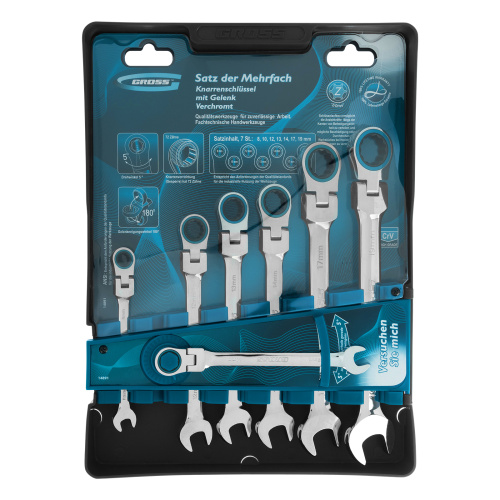 Набор ключей комбинированных с трещоткой, 8-19 мм, 7 шт, шарнирные, CrV Gross по ценам производителя в Челябинске с доставкой по всей России