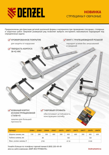 Струбцина F-образная, 80x200мм, кованая Denzel по ценам производителя в Челябинске с доставкой по всей России