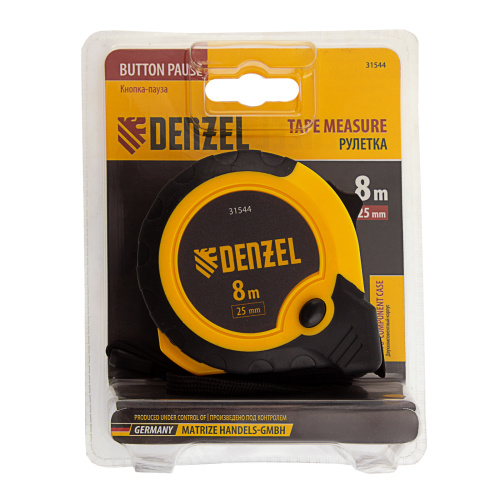 Рулетка 8м х 25мм, двухкомп. корпус, кнопка-пауза Denzel по ценам производителя в Челябинске с доставкой по всей России