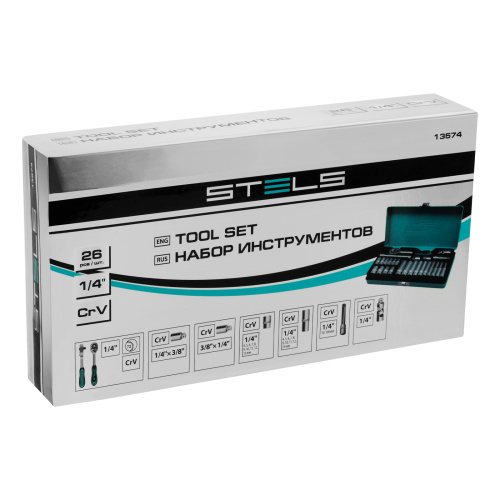 Набор торцевых головок с трещоткой, 1/4", 26 предметов Stels по ценам производителя в Челябинске с доставкой по всей России