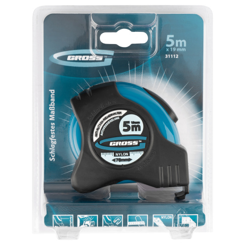 Рулетка "Schlagfest",5 м x 19 мм,магнитный обрезиненный зацеп,двусторонняя шкала,Нейлоновое покрытие,автоматическая фиксация Gross по ценам производителя в Челябинске с доставкой по всей России