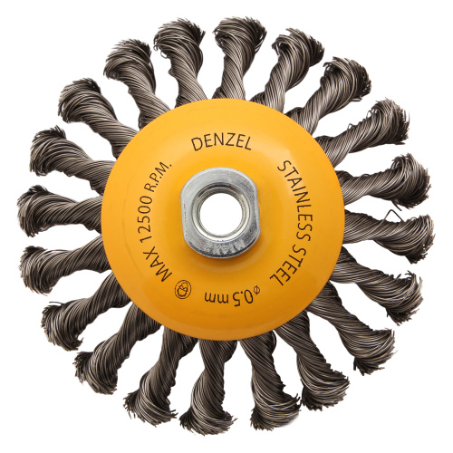 Щетка для УШМ, 125 мм, "Тарелка", крученая нержавеющая проволока 0.5 мм, М14 Denzel по ценам производителя в Челябинске с доставкой по всей России
