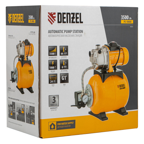 Насосная станция PS1000Х, 1000 Вт, 3500 л/ч, ресивер 24 л, подъем 44 м, нержавейка Denzel по ценам производителя в Челябинске с доставкой по всей России