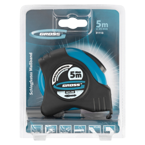 Рулетка "Schlagfest",5 м x 25 мм,магнитный обрезиненный зацеп,двусторонняя шкала,Нейлоновое покрытие,автоматическая фиксация Gross по ценам производителя в Челябинске с доставкой по всей России