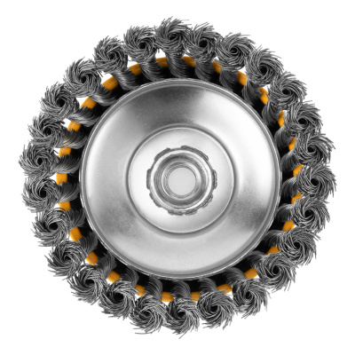 Щетка для УШМ, 125 мм, "Чашка", крученая нержавеющая проволока 0.5 мм, М14 Denzel по ценам производителя в Челябинске с доставкой по всей России