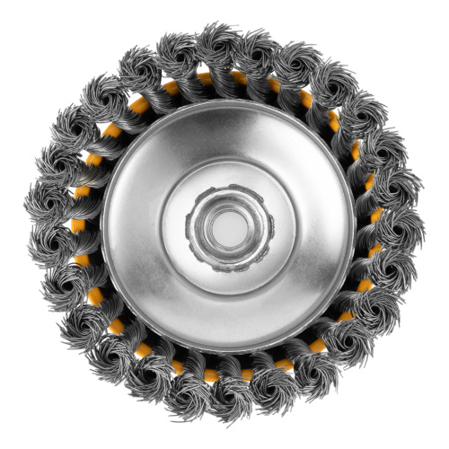 Щетка для УШМ, 125 мм, "Чашка", крученая нержавеющая проволока 0.5 мм, М14 Denzel по ценам производителя в Челябинске с доставкой по всей России