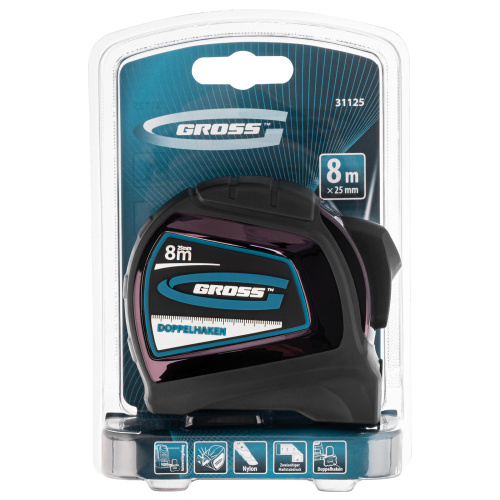 Рулетка "Doppelhaken",8 м x 25 мм,двухсторонний зацеп,Нейлон,двусторонняя шкала,автоматическая фиксация Gross по ценам производителя в Челябинске с доставкой по всей России