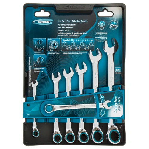 Набор ключей комбинированных с трещоткой, 8-19 мм, 7 шт, реверсивные, CrV Gross по ценам производителя в Челябинске с доставкой по всей России