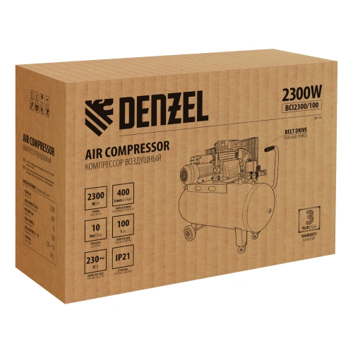 Компрессор воздушный BCI2300/100, ременный привод, 2.3 кВт, 100 литров, 400 л/мин Denzel по ценам производителя в Челябинске с доставкой по всей России