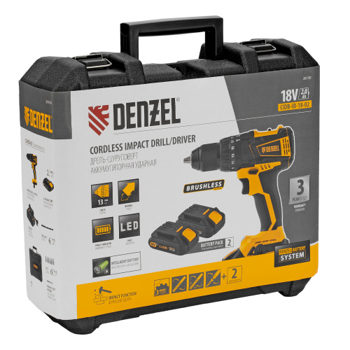 Дрель-шуруповерт аккумуляторная ударная бесщет CIDB-IB-18-02, Li-Ion, 18 В, 2 акк. Denzel по ценам производителя в Челябинске с доставкой по всей России