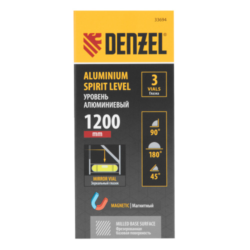 Уровень алюминиевый, магнит, фрезерованный, 3 глазка (1 зеркал.) 0,5 мм/м, 1200 мм Denzel по ценам производителя в Челябинске с доставкой по всей России