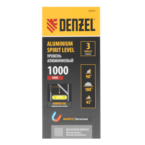 Уровень алюминиевый, магнит, фрезерованный, 3 глазка (1 зеркал.) 0,5 мм/м, 1000 мм Denzel по ценам производителя в Челябинске с доставкой по всей России
