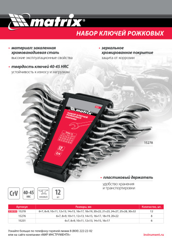 Набор ключей рожковых, 6 х 32 мм, 12 шт., CrV, хромированные Matrix по ценам производителя в Челябинске с доставкой по всей России