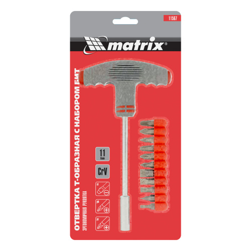 Отвертка с Т-образной эргономичной ручкой и набором бит, 11 шт, CrV Matrix по ценам производителя в Челябинске с доставкой по всей России