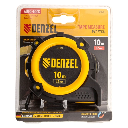 Рулетка 10м х 32мм, автоматич. фиксац., нейлон. покрытие, магнит. зацеп, двухстор. разметка Denzel по ценам производителя в Челябинске с доставкой по всей России