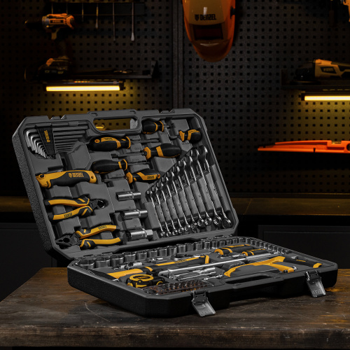 Набор инструментов, 1/2", 1/4", CrV, S2, пластиковый кейс, 100 предметов Denzel по ценам производителя в Челябинске с доставкой по всей России