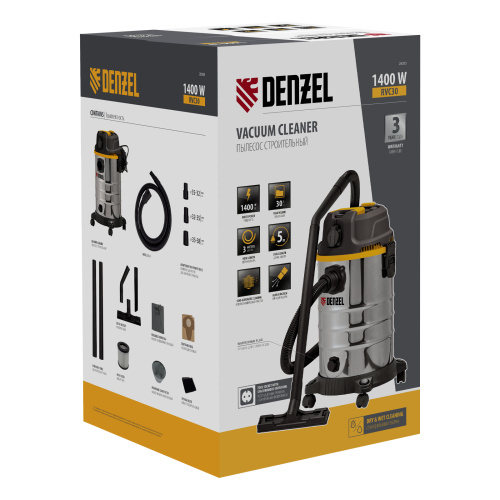 Пылесос строительный RVC30, 1400 Вт, бак 30 л, шланг 3 м, розетка с автосинхр. Denzel по ценам производителя в Челябинске с доставкой по всей России