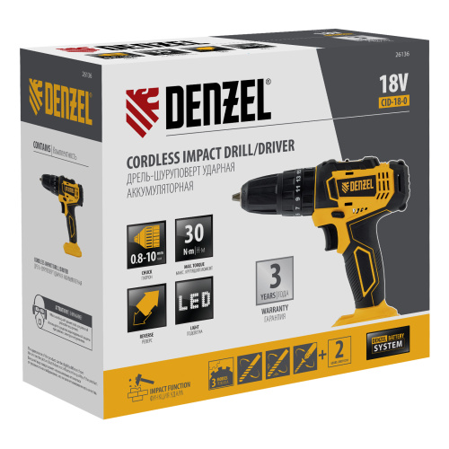 Дрель-шуруповерт аккумуляторная ударная CID-18-0, Li-Ion, 18 В Denzel по ценам производителя в Челябинске с доставкой по всей России